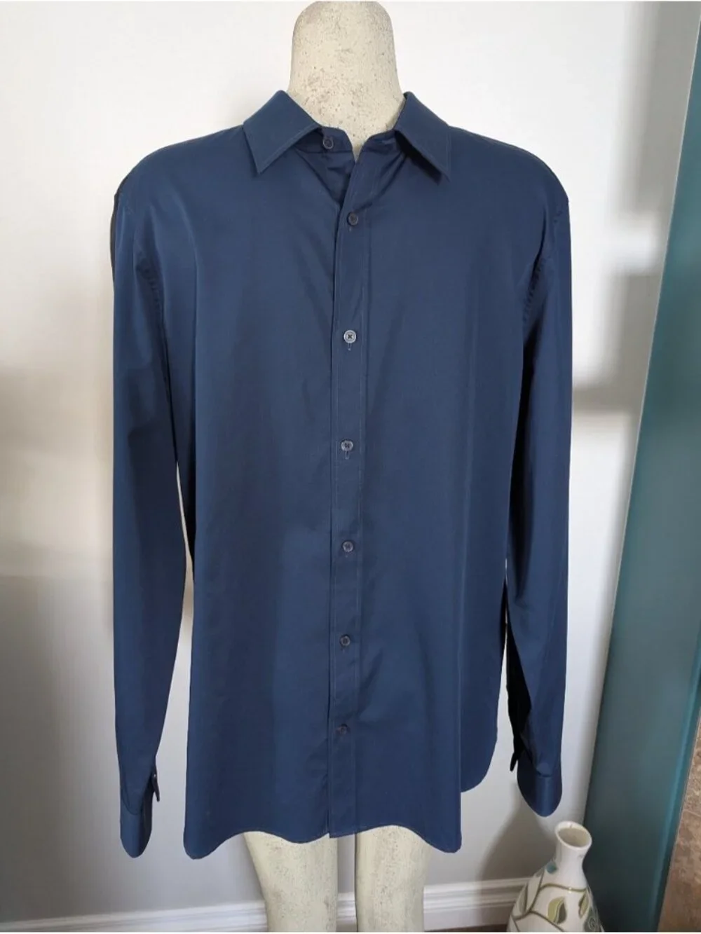 New Calvin Klein Blue Dress Shirt Black Military Stripe Sleeve 100% cotton Sz L